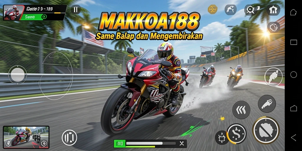 Screenshot MAHKOTA188 menampilkan aksi balap motor yang mendebarkan.