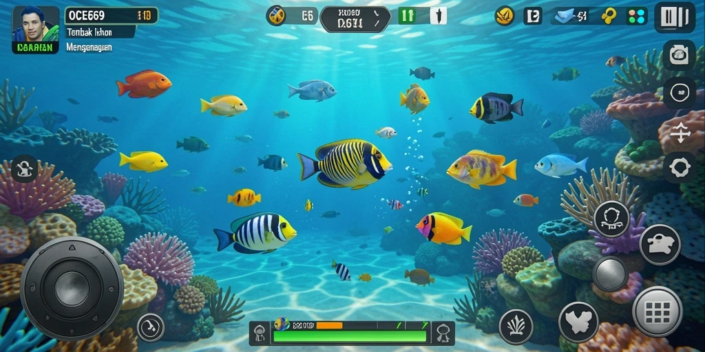 Tampilan gameplay OCE69 saat menembak ikan di bawah laut.