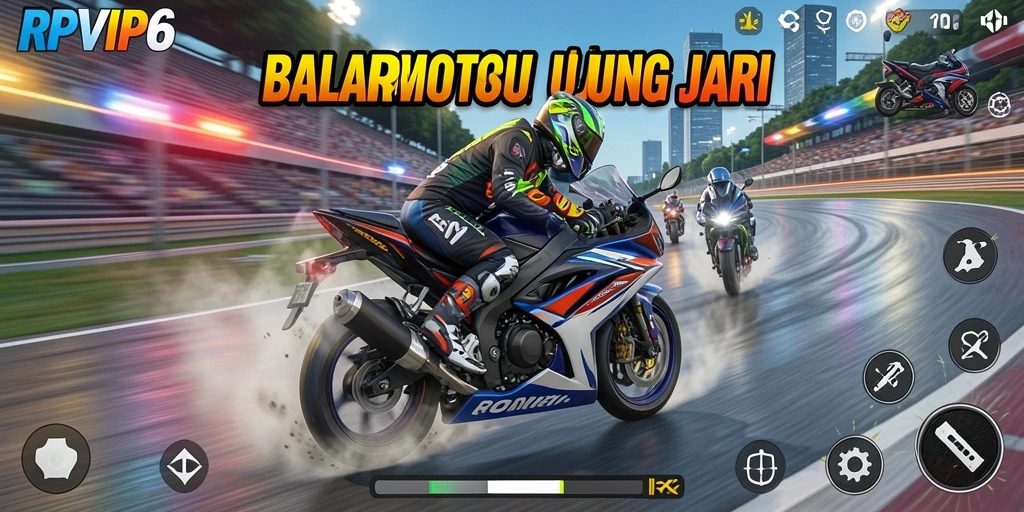 Screenshot gameplay RPVIP6 menunjukkan aksi balap motor yang mendebarkan.